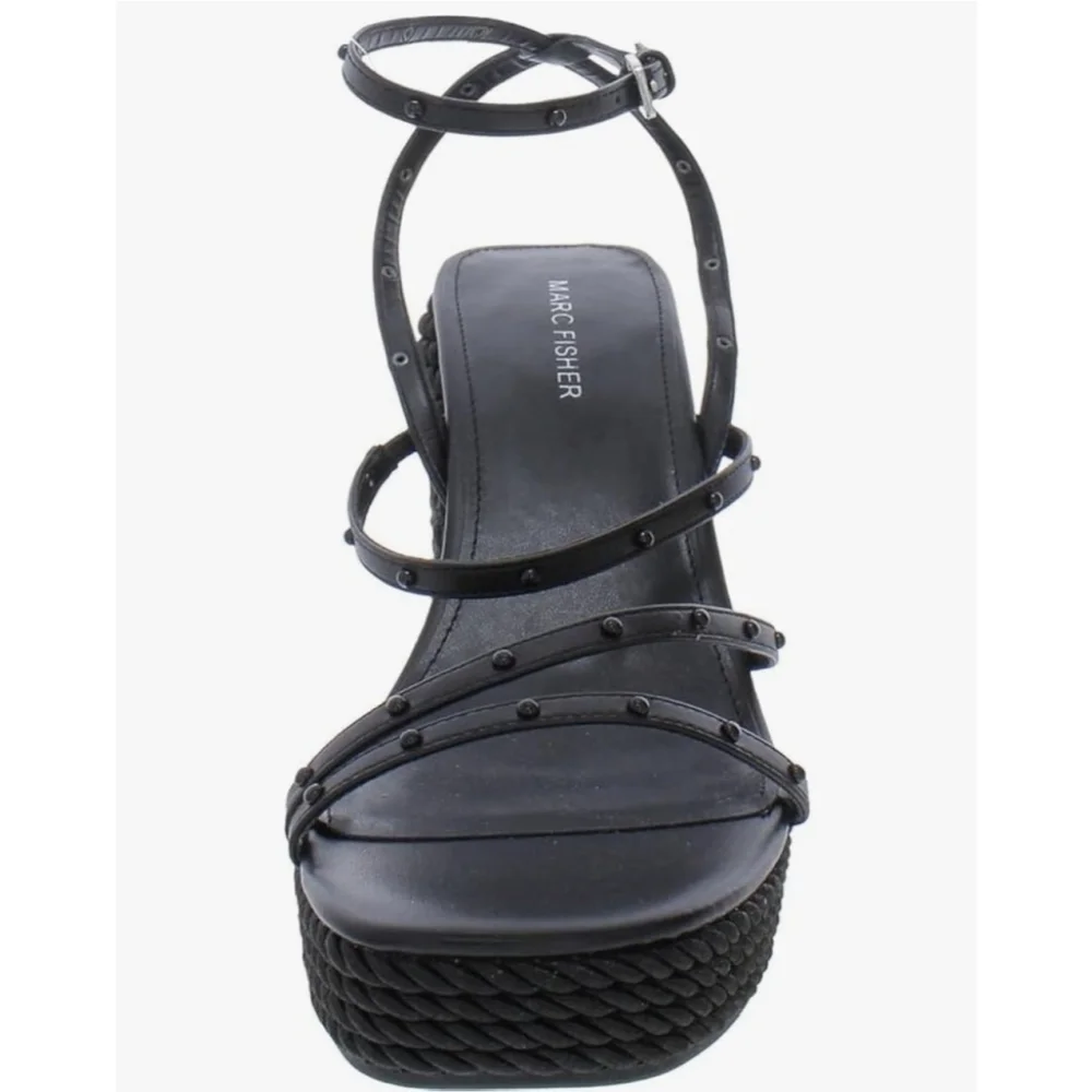 Marc Fisher Faux Leather Studded Espadrille Wrapped Rope Platform 9.5 M BLACK